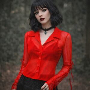 Sheer Sz S Red Stretch Flower Button Up Top Tie Sleeves Romantic Indie Sleaze